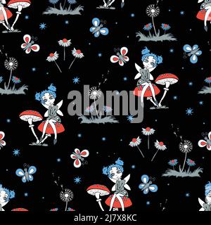 Motif vectoriel sans couture avec fée sur fond noir. Papier peint de forêt fantaisie avec pixies. Textile de mode magique pour les enfants. Illustration de Vecteur