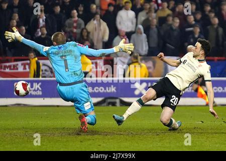 Photo du dossier datée du 20-03-2022 du score de Diogo Jota de Liverpool contre Nottingham Forest. Le but de 78th minutes de Diogo Jota a suffi à mettre fin à la course de la coupe FA de Nottingham Forest. Date de publication : le mercredi 11 mai 2022. Banque D'Images