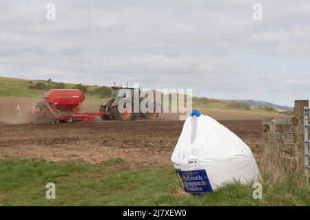 Un fermier semant de l'orge dans un champ labouré au printemps avec le prochain sac de semences à la porte Banque D'Images