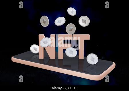 Lettrage NFT pour jeton non fongible avec pièces Ethereum avec fond flou.3d rendu Banque D'Images