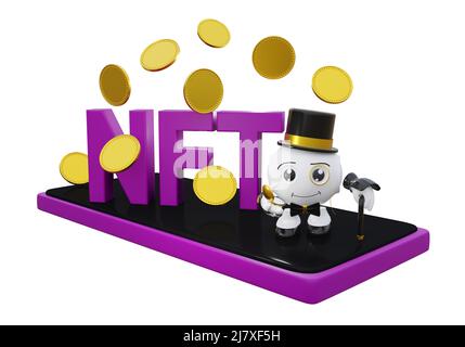 Lettrage NFT pour jeton non fongible avec pièces vierges et 3D caractères. 3d rendu Banque D'Images