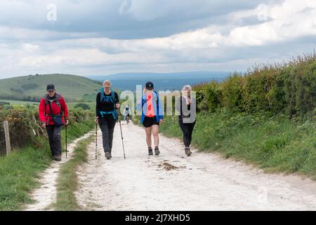 Quatre femmes marchant sur le sentier de longue distance South Downs Way à West Sussex, en Angleterre, au Royaume-Uni, à la fin du printemps Banque D'Images