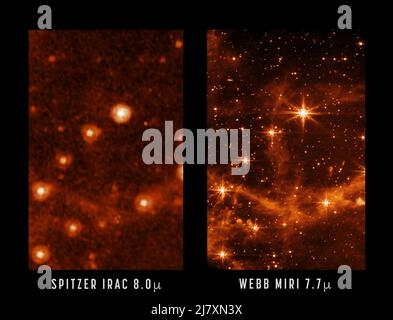 Le télescope spatial James Webb de la NASA montre une image test (à 7,7 microns) recueillie par son instrument le plus froid : l'instrument Mid-Infrared, ou MIRI, détaillant une partie du grand nuage Magellanique. Cette petite galaxie satellite de la voie lactée a fourni un starfield dense pour tester les performances de Webb. Ici, un gros plan de l'image MIRI est comparé à une image antérieure de la même cible prise avec la caméra infrarouge du télescope spatial Spitzer de la NASA (à 8,0 microns). Le télescope Spitzer, à la retraite, a été l'un des grands observatoires de la NASA et le premier à fournir des images à haute résolution du proche et du milieu Banque D'Images