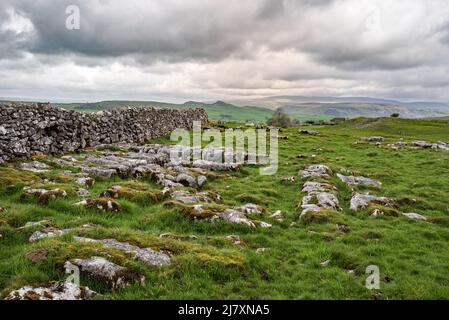 En regardant vers la cicatrice de Smaarsett et la lointaine Ingleborough..... De Winskill Stones, North Yorkshire. Banque D'Images