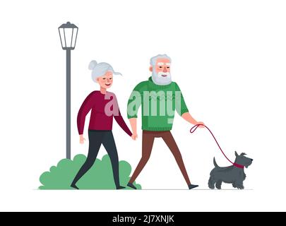 Couple de personnes âgées grands-parents retraités marchant avec leur chien au parc. Les personnes âgées passent du temps à l'extérieur. Les personnes âgées qui apprécient la promenade avec leur animal de compagnie. Relations de loisirs en famille. Illustration du vecteur eps Illustration de Vecteur