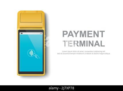 Vector Realistic Yellow 3D Touch NFC Mobile Payment machine. Gros plan du terminal POS isolé sur blanc. Modèle de conception de paiement bancaire sans fil Illustration de Vecteur