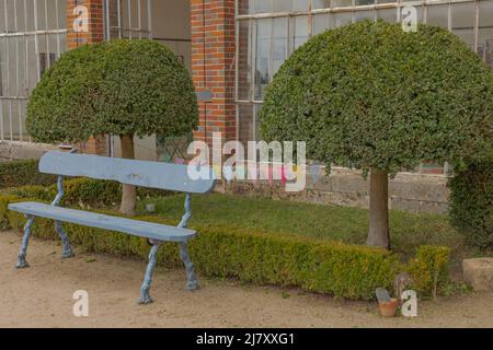 Un vieux banc peint en bleu à côté de quelques arbres avec des banderoles multicolores derrière Banque D'Images