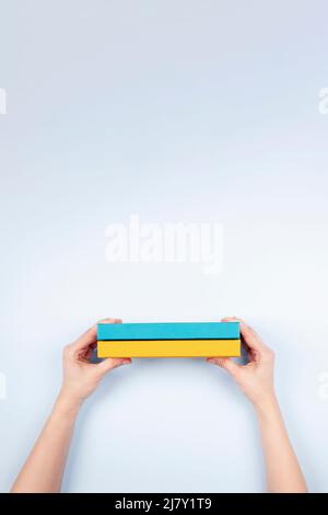 Femme mains tenant deux livres de couleur bleu et jaune sur fond bleu clair. Éducation, auto-apprentissage, échange de livres Banque D'Images