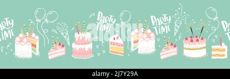 Amusant fait main fête fond sans couture avec de jolis gâteaux décorés. Idéal pour les fêtes d'anniversaire, les textiles, les bannières, les papiers peints, l'emballage - vector desig Illustration de Vecteur