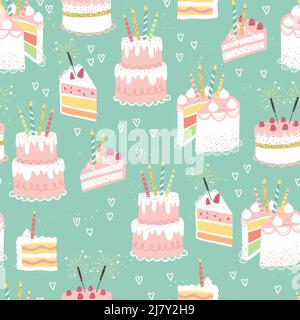 Amusant fait main fête fond sans couture avec de jolis gâteaux décorés. Idéal pour les fêtes d'anniversaire, les textiles, les bannières, les papiers peints, l'emballage - vector desig Illustration de Vecteur