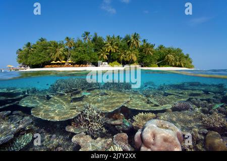 Image divisée, au-dessus, récif de corail en face d'une île des maldives, Maldives, océan Indien, Asie Banque D'Images