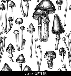 Motif de fond sans couture de champignons de la forêt. Style gravé. Champignons dessinés à la main, mouche agarique, enoki, etc Illustration de Vecteur