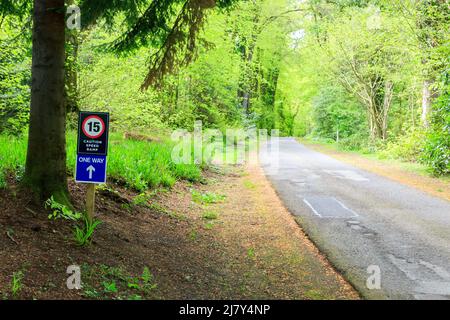 Attention, rampe de vitesse et panneau de signalisation routière à sens unique Banque D'Images