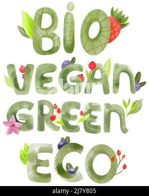 Ensemble de logo vert aquarelle. Feuilles, insignes, branches couronne, éléments végétaux. Peinture dessinée à la main. Étiquette d'affiche, ensemble d'emblèmes texturés. Design organique Banque D'Images