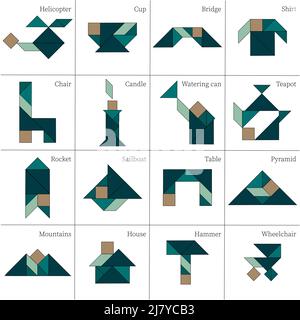 Jeu de puzzle Tangram schémas avec différents objets Illustration de Vecteur