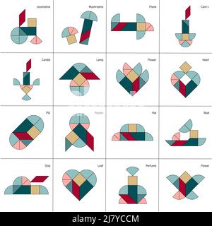 Jeu de puzzle feuille. Schémas avec différents objets. Illustration de Vecteur