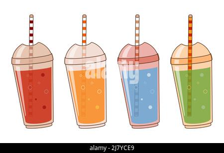 Cocktails de fruits dans des tasses en plastique avec tubes. Illustration de Vecteur