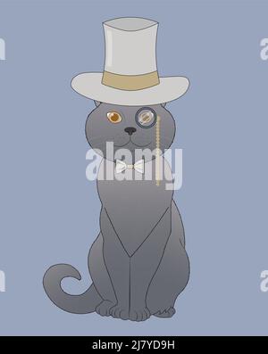 Chat pylashort britannique en chapeau haut, noeud papillon, monocle Illustration de Vecteur