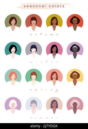 Couleurs saisonnières ou colorimétrie pour les femmes de diverses races, isolées sur fond blanc Illustration de Vecteur