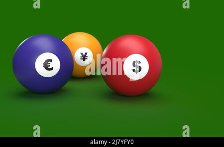 boules de billard avec les symboles de devise pour le dollar, l'euro et le renminbi au lieu des nombres habituels comme symbole pour la spéculation de monnaie. 3D rendu Banque D'Images