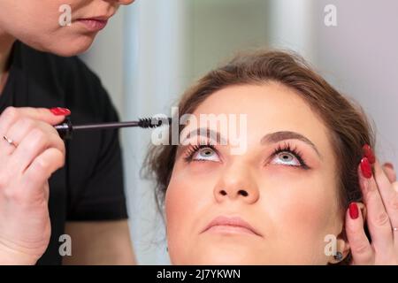 Maître styliste fait le maquillage pour les cils à une fille dans un salon de beauté. Russie Moscou le 20 août 2020. Banque D'Images