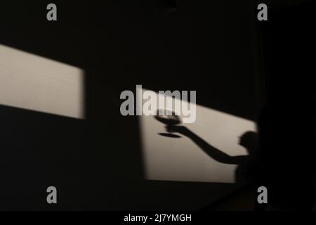 Ombre sur le mur d'un sommelier féminin avec un verre de vin. Chiaroscuro de la fenêtre. Copier l'espace. Banque D'Images