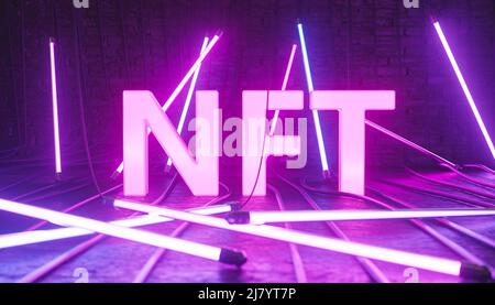 3D illustration de l'inscription NFT violette entourée de lampes au néon comme symbole d'un jeton unique dans la technologie blockchain Banque D'Images