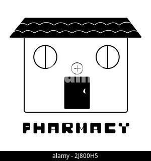 Bâtiment de la pharmacie, illustration en noir et blanc Illustration de Vecteur