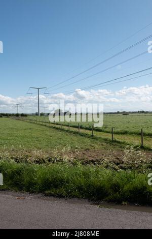 T Pylons formant le lien entre Hinkley point et Avonmouth National Grid Link à Mark, Somerset, Angleterre, Royaume-Uni Banque D'Images