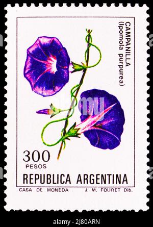 MOSCOU, RUSSIE - 10 AVRIL 2022: Timbre-poste imprimé en Argentine montre Campanilla (Ipomola purpurea), série de fleurs, vers 1982 Banque D'Images