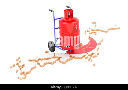 Carte japonaise avec bouteille de gaz propane sur camion à main. Service de livraison de gaz au Japon, concept. 3D rendu isolé sur fond blanc Banque D'Images