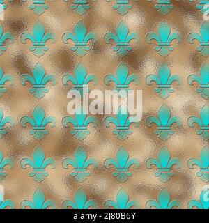 Royal Lily Fleur de LIS à motif sans couture. Motif classique bleu turquoise doré français sans couture avec motif répété de fleur de lis au format carré. Papier peint ou tissu. Illustration Banque D'Images