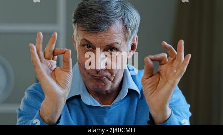 Gros plan confiant homme âgé à poil gris montrant le double visage de homme correct avec des rides souriantes à l'intérieur mature seul dans la chambre heureux retraité assis Banque D'Images