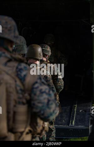 Marines avec deuxième peloton, Bravo Company, Marine Barracks Washington, quitte la base commune Anacostia-Bolling dans une MV-22 Osprey, le 13 avril 2022. Les Marines se sont rendus à la base du corps des Marines Quantico, en Virginie, où elles ont effectué des patrouilles à pied et exécuté un entraînement en direct avec l'arme anti-armure de la lumière dans l'espace confiné M136E1 AT4-CS, le lanceur de grenade M203 et le fusil M16A4. (É.-U. Photo du corps marin par Cpl. Mark A. Morales) Banque D'Images