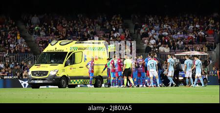 Sabadell, Barcelone, Espagne. 10th mai 2022. Barcelone Espagne 10.05.2022 Ronald Araujo (FC Barcelone) est blessé pendant la Liga Santander entre le FC Barcelone et Celta Vigo au Camp Nou le 10 mai 2022 à Barcelone. (Image de crédit : © Xavi Urgeles/ZUMA Press Wire) Banque D'Images