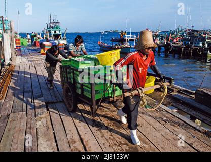 Les pêcheurs cambodgiens transportent les prises matinales, Sihanoukville, Cambodge. © Kraig Lieb Banque D'Images