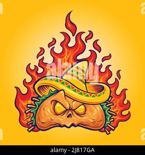 Angry mexican taco on Fire vector illustrations pour votre logo de travail, t-shirt de marchandise, autocollants et dessins d'étiquettes, affiche, cartes de vœux Illustration de Vecteur