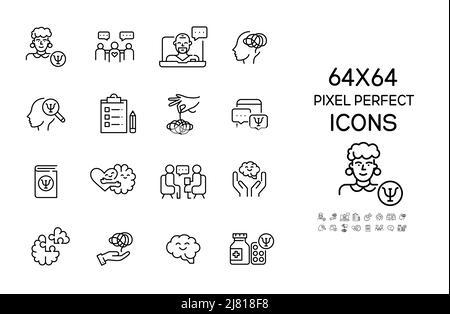 Santé mentale et psychiatrie. Ensemble d'icônes de 64 pixels Perfect Line art. Illustration de Vecteur