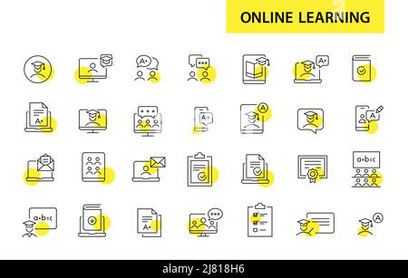 Jeu d'icônes d'éducation et d'apprentissage en ligne. Icônes de dessin au trait de ligne de trait, pixel Perfect, modifiables Illustration de Vecteur