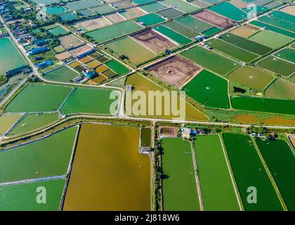 Photo aérienne de fermes de crevettes à proximité de la digue de mer dans les zones côtières de Giao Thuy Dist. Namdinh, Vietnam. Banque D'Images