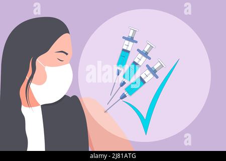 Coronavirus de rappel. Portrait d'une jeune femme portant un masque facial et trois seringues sous forme de troisième dose du vaccin contre le coronavirus Covid-19 Illustration de Vecteur