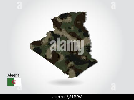 carte d'algérie avec motif camouflage, texture forêt / vert dans la carte. Concept militaire pour l'armée, le soldat et la guerre. Armoiries, drapeau. Illustration de Vecteur