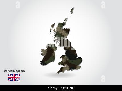 Carte du Royaume-Uni avec motif camouflage, texture forêt - vert dans la carte. Concept militaire pour l'armée, le soldat et la guerre. Armoiries, drapeau. Illustration de Vecteur