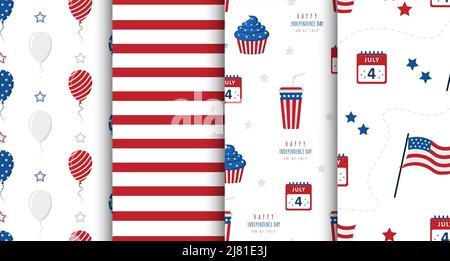 Jour de l'indépendance des États-Unis. Ensemble de motifs sans coutures avec éléments festifs. Contexte des fêtes pour la célébration du 4th juillet. Journée nationale de la liberté. Vecteur Illustration de Vecteur