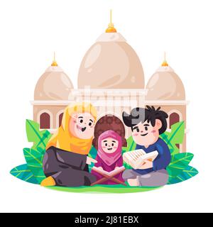 Lisez coran Islam Saint livre de la famille mère avec enfants enfants en face de la mosquée Illustration de Vecteur