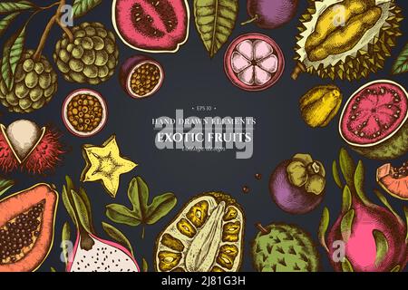 Design sur fond sombre avec papaye, goyave, fruit de la passion, starfruit, durian, rambutan, pitaya, jackfruit, sucre-pomme, soussop, mangoustan Illustration de Vecteur