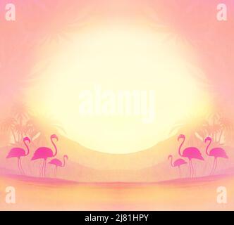 flamants dans la nature sauvage paysage pendant le coucher du soleil, illustration de silhouette Banque D'Images