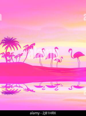 flamants dans la nature sauvage paysage pendant le coucher du soleil, illustration de silhouette Banque D'Images