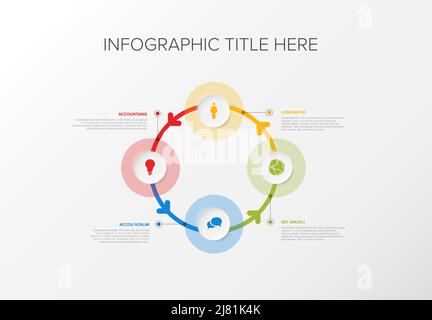 Modèle de cycle Infographique vectoriel multi-usage avec quatre éléments de cercles de couleur sur un fond gris clair avec de grands cercles de couleur et des flèches. Illustration de Vecteur