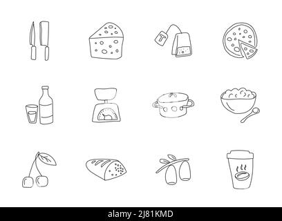 nourriture et cuisine des gribouillages isolés sur blanc. Illustration de Vecteur